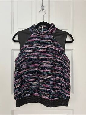 Milly Striped Shimmer Metallic & Black Leather Top. EUC. Made in the USA 🇺🇸